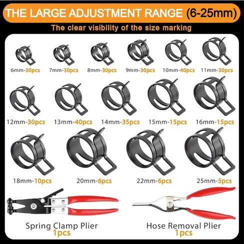 352Pcs 6-25mm Spring Band Hose Clamps Kit with 2Pcs Hose Clamp Pliers for Automotive,Marine,Gardening in Kuwait