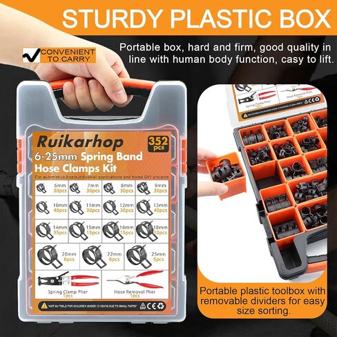 352Pcs 6-25mm Spring Band Hose Clamps Kit with 2Pcs Hose Clamp Pliers for Automotive,Marine,Gardening in Kuwait