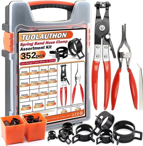 355Pcs 6-25mm Spring Band Hose Clamp Assortment Kit,15 Sizes Black Pipe Clip for Fuel Line,Silicone Hose,Air Tube,Water Pipe Fasteners with Swivel Jaw Plier,Hose Removal Plier and Tweezers in Kuwait