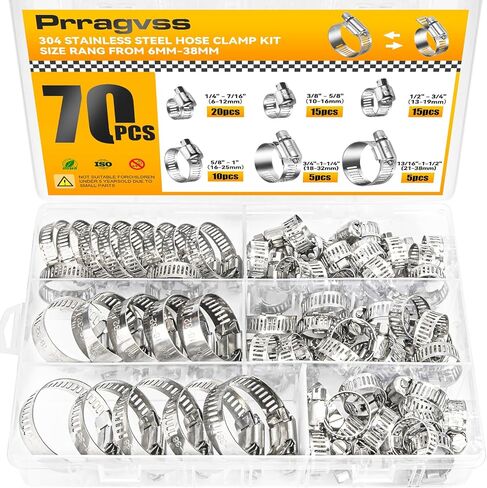 70PCS Hose Clamp Assortment Kit, 304 Stainless Steel Adjustable Worm Gear Hose Clamps Set, 1/4" to 1 1/2" (6-38mm) Range, Heavy Duty Pipe Clamps for Automotive, Plumbing, and Fuel Line in Saudi Arabia