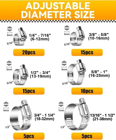 70PCS Hose Clamp Assortment Kit, 304 Stainless Steel Adjustable Worm Gear Hose Clamps Set, 1/4" to 1 1/2" (6-38mm) Range, Heavy Duty Pipe Clamps for Automotive, Plumbing, and Fuel Line in Saudi Arabia