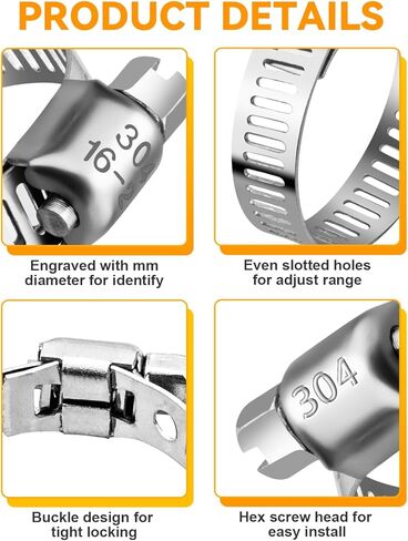 70PCS Hose Clamp Assortment Kit, 304 Stainless Steel Adjustable Worm Gear Hose Clamps Set, 1/4" to 1 1/2" (6-38mm) Range, Heavy Duty Pipe Clamps for Automotive, Plumbing, and Fuel Line in Saudi Arabia