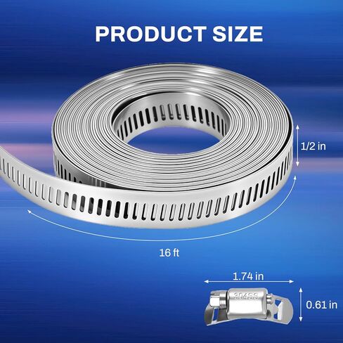 مجموعة متنوعة من مشابك خرطوم DIY بطول 16 قدمًا، 304 مشابك خرطوم من الفولاذ المقاوم للصدأ، خرطوم أنابيب ترس دودي، حزام معدني بطول 16 قدمًا + 10 مثبتات أقوى، مشابك خرطوم كبيرة قابلة للتعديل in Kuwait