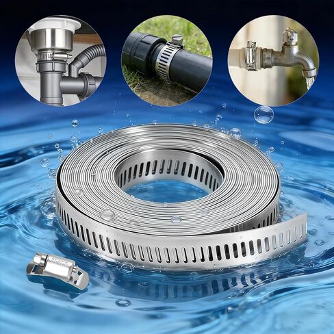 مجموعة متنوعة من مشابك خرطوم DIY بطول 16 قدمًا، 304 مشابك خرطوم من الفولاذ المقاوم للصدأ، خرطوم أنابيب ترس دودي، حزام معدني بطول 16 قدمًا + 10 مثبتات أقوى، مشابك خرطوم كبيرة قابلة للتعديل in Kuwait