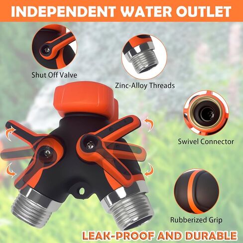 Garden 2-Port Splitter， heavy-duty brass Y-type connector, 360° rotation, easy installation, leak-proof design, outdoor faucet in Saudi Arabia