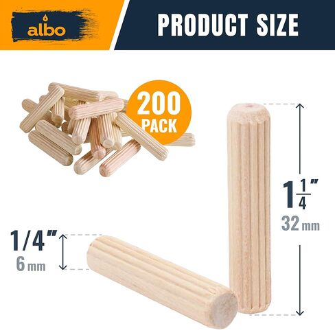 ALBO Wooden Dowel Pins 1/4 x 1-1/4 inch Fluted Wood Dowels Rods 200 Pack Hardwood Crafts Dowel Pegs in Kuwait