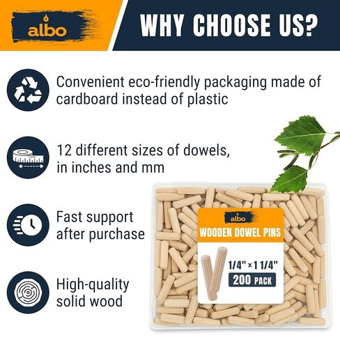 ALBO Wooden Dowel Pins 1/4 x 1-1/4 inch Fluted Wood Dowels Rods 200 Pack Hardwood Crafts Dowel Pegs in Kuwait
