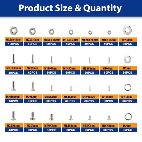 1670Pcs 304 Stainless Steel Metric Micro Screws Nuts Assortment Kit, M1 M1.2 M1.4 M1.6 M2 M2.5 Sizes, Phillips Pan Head Small Machine Screws for Arduino, Electronics, RC Models, DIY Projects in Kuwait