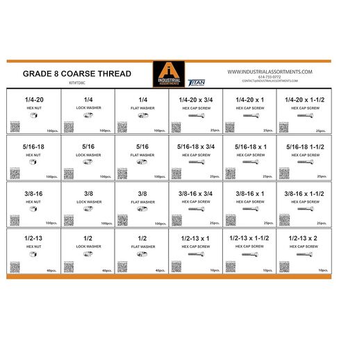 Titan Industrial Supply-1275 Piece Grade 8 Yellow Zinc Nut Bolt Washer Assortment, Hex Head Cap Screws, Flat and Lock Washers, Hex Nuts, Coarse Thread USS Kit in Kuwait