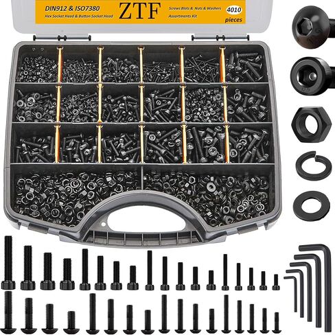 ZTF 3745 قطعة مجموعة متنوعة من الصواميل والمسامير، مجموعة مسامير شفة مترية ومجموعة متنوعة من البراغي M2 M3 M4 M5 M6x1.0 M8x1.25 M10x1.5 بولت (4-45 مم) 42 مقاسًا مقبس سداسي برأس مسطح ورأس غطاء برغي متري in Kuwait
