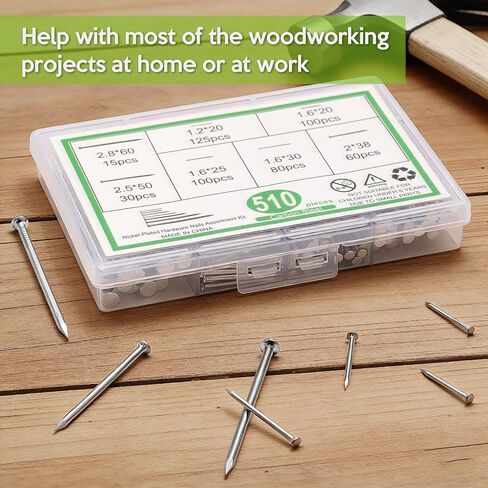 مجموعة متنوعة من المسامير المصنوعة من الفولاذ المقاوم للصدأ مكونة من 510 قطعة، 7 مقاسات من المسامير الشائعة المقاومة للصدأ للخشب والسياج والأثاث والحرف اليدوية والمشروعات اليدوية - مجموعة أدوات التثبيت العملية توفر وقتك in Kuwait