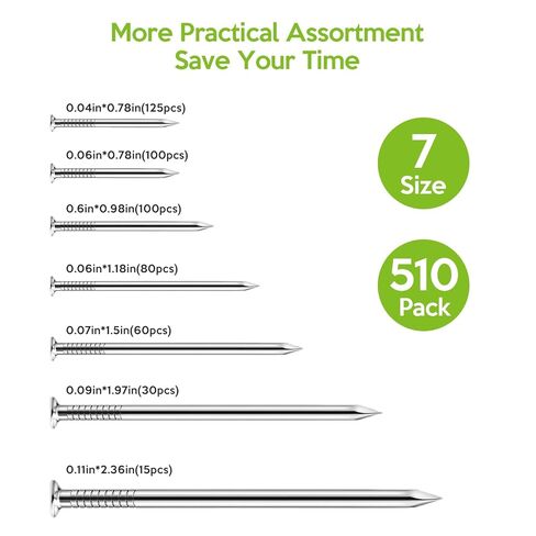 مجموعة متنوعة من المسامير المصنوعة من الفولاذ المقاوم للصدأ مكونة من 510 قطعة، 7 مقاسات من المسامير الشائعة المقاومة للصدأ للخشب والسياج والأثاث والحرف اليدوية والمشروعات اليدوية - مجموعة أدوات التثبيت العملية توفر وقتك in Kuwait