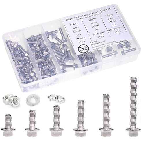 M6-1.0 x 12/16/20/30/45 مجموعة متنوعة من البراغي السداسية ذات الحافة، 180 قطعة من مسامير وصواميل رأس شفة مترية من الفولاذ المقاوم للصدأ. in Kuwait