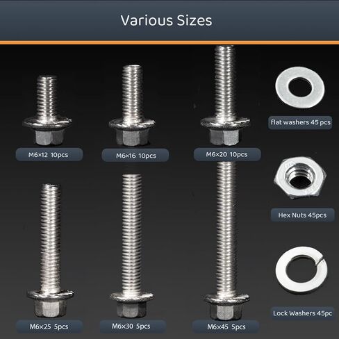 M6-1.0 x 12/16/20/30/45 مجموعة متنوعة من البراغي السداسية ذات الحافة، 180 قطعة من مسامير وصواميل رأس شفة مترية من الفولاذ المقاوم للصدأ. in Kuwait