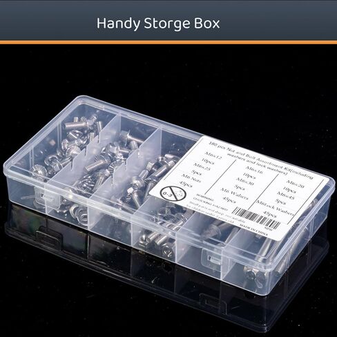 M6-1.0 x 12/16/20/30/45 مجموعة متنوعة من البراغي السداسية ذات الحافة، 180 قطعة من مسامير وصواميل رأس شفة مترية من الفولاذ المقاوم للصدأ. in Kuwait