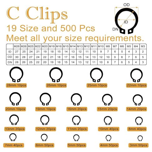 1000PCS C Clips (M3 - M28, 19 Sizes) & E Clips (1.5mm - 15mm, 13 Sizes) Assortment Kit for Secure Retaining in Saudi Arabia
