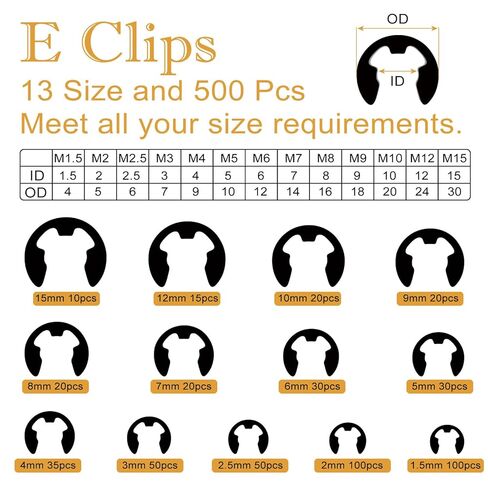 1000PCS C Clips (M3 - M28, 19 Sizes) & E Clips (1.5mm - 15mm, 13 Sizes) Assortment Kit for Secure Retaining in Saudi Arabia