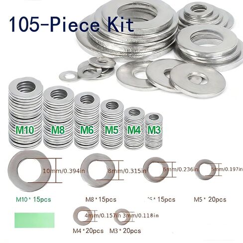 304 Stainless Steel Flat Washers 105 Pcs Assortment, Multi-Size M3 to M10 Kit for Small Projects, Home Repair, Electronics, Furniture & Bicycle Maintenance Hardware Essentials in Saudi Arabia