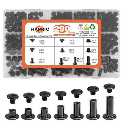 145 مجموعة من براغي شيكاغو للجلود، 7 مقاسات M5x4/5/6/8/10/12/15 مم مجموعة مسامير برغي معدنية سوداء لأحزمة تجليد الكتب للمشاريع الجلدية DIY in Kuwait