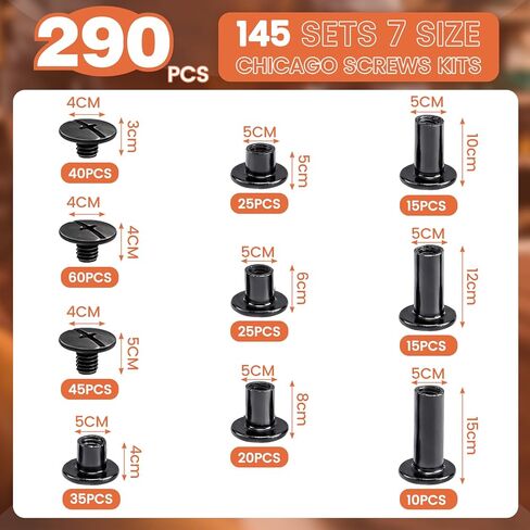 145 مجموعة من براغي شيكاغو للجلود، 7 مقاسات M5x4/5/6/8/10/12/15 مم مجموعة مسامير برغي معدنية سوداء لأحزمة تجليد الكتب للمشاريع الجلدية DIY in Kuwait