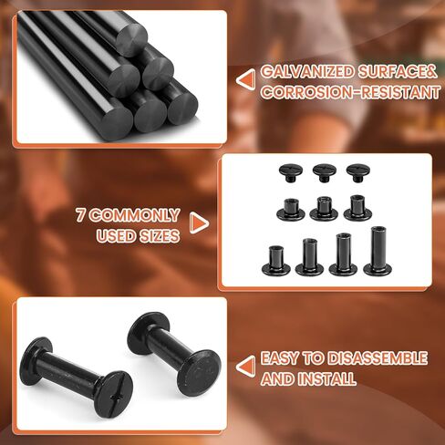 145 مجموعة من براغي شيكاغو للجلود، 7 مقاسات M5x4/5/6/8/10/12/15 مم مجموعة مسامير برغي معدنية سوداء لأحزمة تجليد الكتب للمشاريع الجلدية DIY in Kuwait