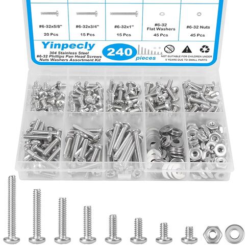 Yinpecly 200pcs #8-32 Phillips Pan Head Machine Screws Nuts Washers Assortment Kit,304 Stainless Steel, Coarse Thread, Fully Machine Thread(#8-32x 1/4", 5/16", 3/8", 1/2", 5/8", 3/4", 1", 1-1/4") in Saudi Arabia
