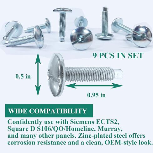 طقم استبدال لولبي لوحة غطاء مركز التحميل Siemens ECTS2 & Square D S106 (10-32 خيط) - 9 قطع، زنك فضي - متوافق مع اللوحة الكهربائية Square D QO Homeline وSiemens وMurray والمزيد in Kuwait