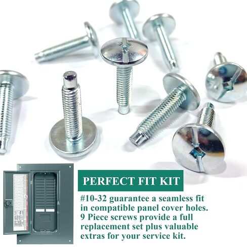 طقم استبدال لولبي لوحة غطاء مركز التحميل Siemens ECTS2 & Square D S106 (10-32 خيط) - 9 قطع، زنك فضي - متوافق مع اللوحة الكهربائية Square D QO Homeline وSiemens وMurray والمزيد in Kuwait