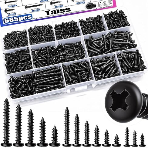 Taiss 685 قطعة M2 M3 M4 فيليبس بان هيد مجموعة متنوعة من مسامير الخشب ذاتية التنصت، 14 مقاسًا من مسامير التنصت الذاتية للبلاستيك، مسامير سوداء من الصلب الكربوني المتقاطع للخشب والمعادن الناعمة والبلاستيك in Kuwait