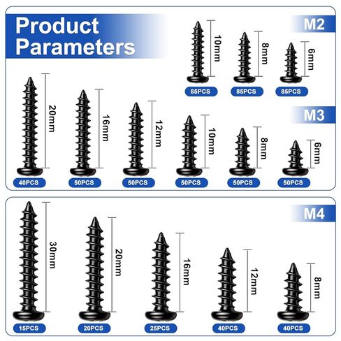 Taiss 685 قطعة M2 M3 M4 فيليبس بان هيد مجموعة متنوعة من مسامير الخشب ذاتية التنصت، 14 مقاسًا من مسامير التنصت الذاتية للبلاستيك، مسامير سوداء من الصلب الكربوني المتقاطع للخشب والمعادن الناعمة والبلاستيك in Kuwait