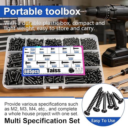 Taiss 685 قطعة M2 M3 M4 فيليبس بان هيد مجموعة متنوعة من مسامير الخشب ذاتية التنصت، 14 مقاسًا من مسامير التنصت الذاتية للبلاستيك، مسامير سوداء من الصلب الكربوني المتقاطع للخشب والمعادن الناعمة والبلاستيك in Kuwait