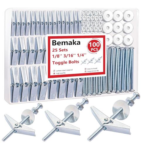 100Pcs Toggle Bolts Heavy Duty Drywall Anchors and Screws Kit, 3 Sizes 1/8" 3/16" 1/4" Hollow Wall Anchors, Toggle Bolts and Wing Nut Kit with Nuts Washers (25Sets) in Kuwait