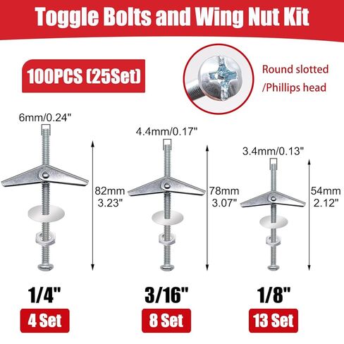 100Pcs Toggle Bolts Heavy Duty Drywall Anchors and Screws Kit, 3 Sizes 1/8" 3/16" 1/4" Hollow Wall Anchors, Toggle Bolts and Wing Nut Kit with Nuts Washers (25Sets) in Kuwait