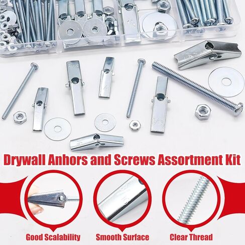 100Pcs Toggle Bolts Heavy Duty Drywall Anchors and Screws Kit, 3 Sizes 1/8" 3/16" 1/4" Hollow Wall Anchors, Toggle Bolts and Wing Nut Kit with Nuts Washers (25Sets) in Kuwait