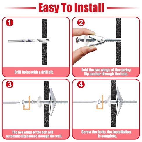 100Pcs Toggle Bolts Heavy Duty Drywall Anchors and Screws Kit, 3 Sizes 1/8" 3/16" 1/4" Hollow Wall Anchors, Toggle Bolts and Wing Nut Kit with Nuts Washers (25Sets) in Kuwait