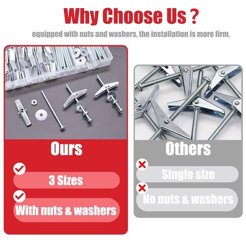 100Pcs Toggle Bolts Heavy Duty Drywall Anchors and Screws Kit, 3 Sizes 1/8" 3/16" 1/4" Hollow Wall Anchors, Toggle Bolts and Wing Nut Kit with Nuts Washers (25Sets) in Kuwait