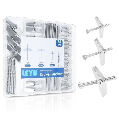 مجموعة مسامير تبديل الفراشة 34 قطعة من LEYU، تتضمن 1/4 بوصة - 4 قطع، 3/16 بوصة - 8 قطع، 1/8 بوصة - 22 قطعة، مرساة حائط مجوفة مطلية بالزنك، مسامير تبديل الحوائط الجافة للجدران الجافة والجص والسقف والتركيب على الحائط المجوف in Saudi Arabia