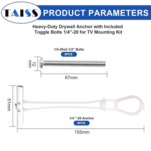 مرساة للجدران الجافة شديدة التحمل من Taiss مع مسامير تبديل متضمنة مقاس 1/4 بوصة - 20 لمجموعة تركيب التلفزيون، ومراسي الجدران المجوفة، والجص والبلاط يحمل ما يصل إلى 270 رطلًا لكل منها في جدار جاف مقاس 1/2 بوصة، 8 عبوات in Kuwait