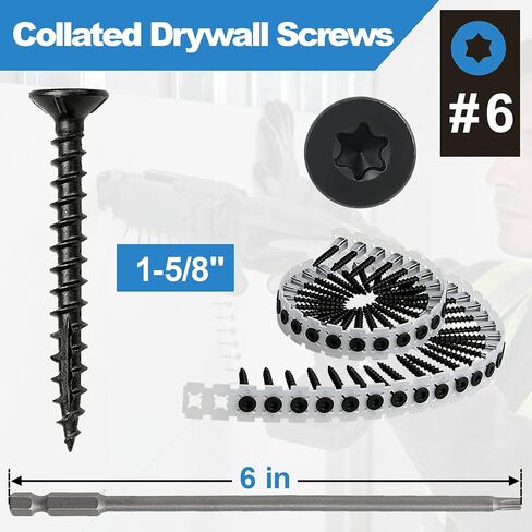 #6x1-5/8 براغي جدارية مجمعة، 1000 قطعة براغي خشبية مع محرك توركس، براغي جدارية سوداء مع نقطة حادة وخيط خشن، تتضمن لقمة نجمة 150 مم مجانًا in Kuwait