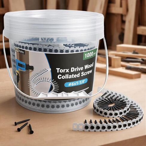 #6x1-5/8 براغي جدارية مجمعة، 1000 قطعة براغي خشبية مع محرك توركس، براغي جدارية سوداء مع نقطة حادة وخيط خشن، تتضمن لقمة نجمة 150 مم مجانًا in Kuwait