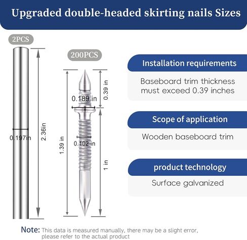 Upgraded Double Headed Skirting Seamless Nails, Double Sided Invisible Nail, No Mark nails with 2 Tools, for Furniture, MDF and Solid Wood Baseboards & Trim Casing Work - 1" x 0.39", 200PCS in Saudi Arabia