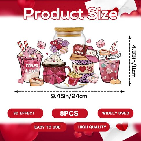 غلاف أكواب DTF للأشعة فوق البنفسجية - 8 ورقات من أغلفة أكواب DTF للأشعة فوق البنفسجية لعيد الحب بسعة 16 أونصة، شارات UVDTF لقهوة التماثيل العتيقة، فرك على ملصقات النقل للأكواب الزجاجية والأكواب المصنوعة يدويًا in Kuwait