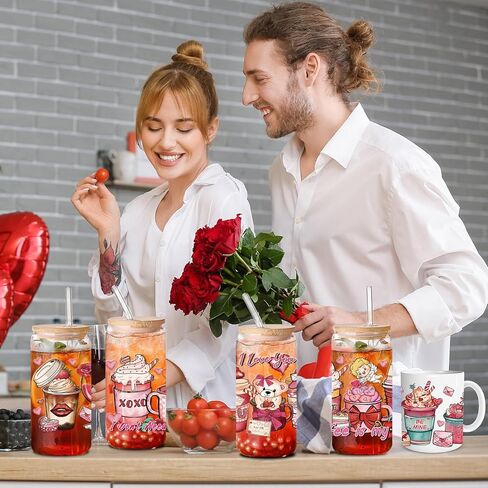 غلاف أكواب DTF للأشعة فوق البنفسجية - 8 ورقات من أغلفة أكواب DTF للأشعة فوق البنفسجية لعيد الحب بسعة 16 أونصة، شارات UVDTF لقهوة التماثيل العتيقة، فرك على ملصقات النقل للأكواب الزجاجية والأكواب المصنوعة يدويًا in Kuwait