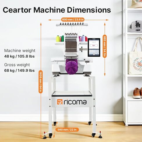 Ricoma Creator Single-Head Multi Needle Embroidery Machine for Crafters with Steel Embroidery Stand, Hoop and Cap Attachments, Chroma Digitizing Software, Lifetime Customer Support in Saudi Arabia
