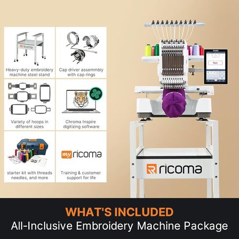Ricoma Creator Single-Head Multi Needle Embroidery Machine for Crafters with Steel Embroidery Stand, Hoop and Cap Attachments, Chroma Digitizing Software, Lifetime Customer Support in Saudi Arabia