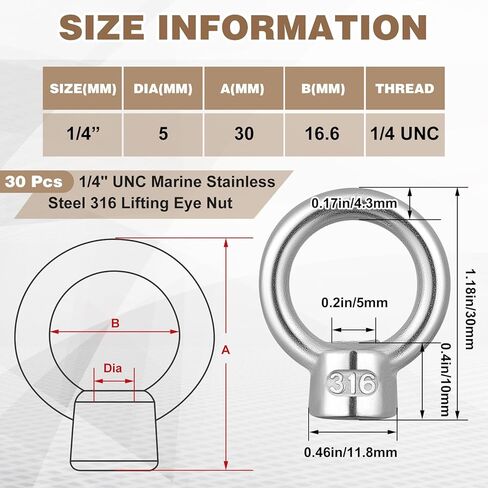 30 Pcs 1/4" UNC Marine Stainless Steel 316 Lifting Eye Nut Bulk Hardware Ring Shaped Eye Bolt for Engineering Construction and Industrial in Kuwait