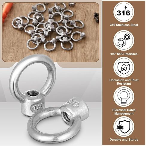 30 Pcs 1/4" UNC Marine Stainless Steel 316 Lifting Eye Nut Bulk Hardware Ring Shaped Eye Bolt for Engineering Construction and Industrial in Kuwait