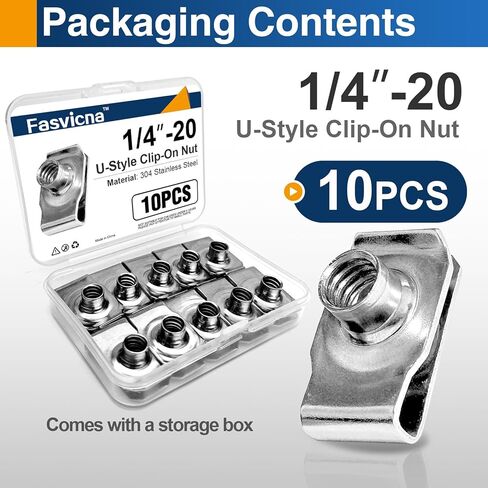 صواميل بمشبك 1/4 بوصة - 20 حرف U، صواميل مشبكة من الفولاذ المقاوم للصدأ 304 على شكل حرف U للوحة باب السيارة ولوحة القيادة، 10 عبوات in Kuwait