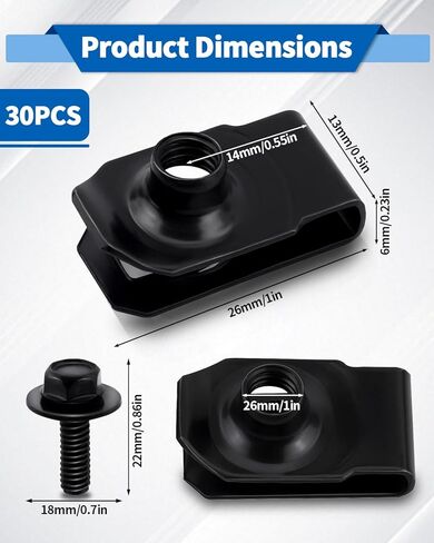 30 قطعة من صواميل M6-1.0، صواميل سرعة بمشبك على شكل حرف U من الفولاذ الكربوني للسيارات باللون الأسود، 1/4 بوصة - 20 صواميل من النوع U المبثوقة لمصدات السيارات in Kuwait