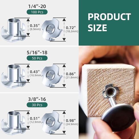 180-Pack 1/4"-20 5/16"-18 3/8"-16 T-Nuts Assortment Kit Zinc Plated Steel, 4-Pronged Tee Nut for Wood, Rock Climbing Holds T Nuts Set Nutserts for Wood Furniture in Kuwait